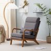 High Back Solid Wood Armrest Backrest Iron Frame Linen Indoor Leisure Chair Dark Grey